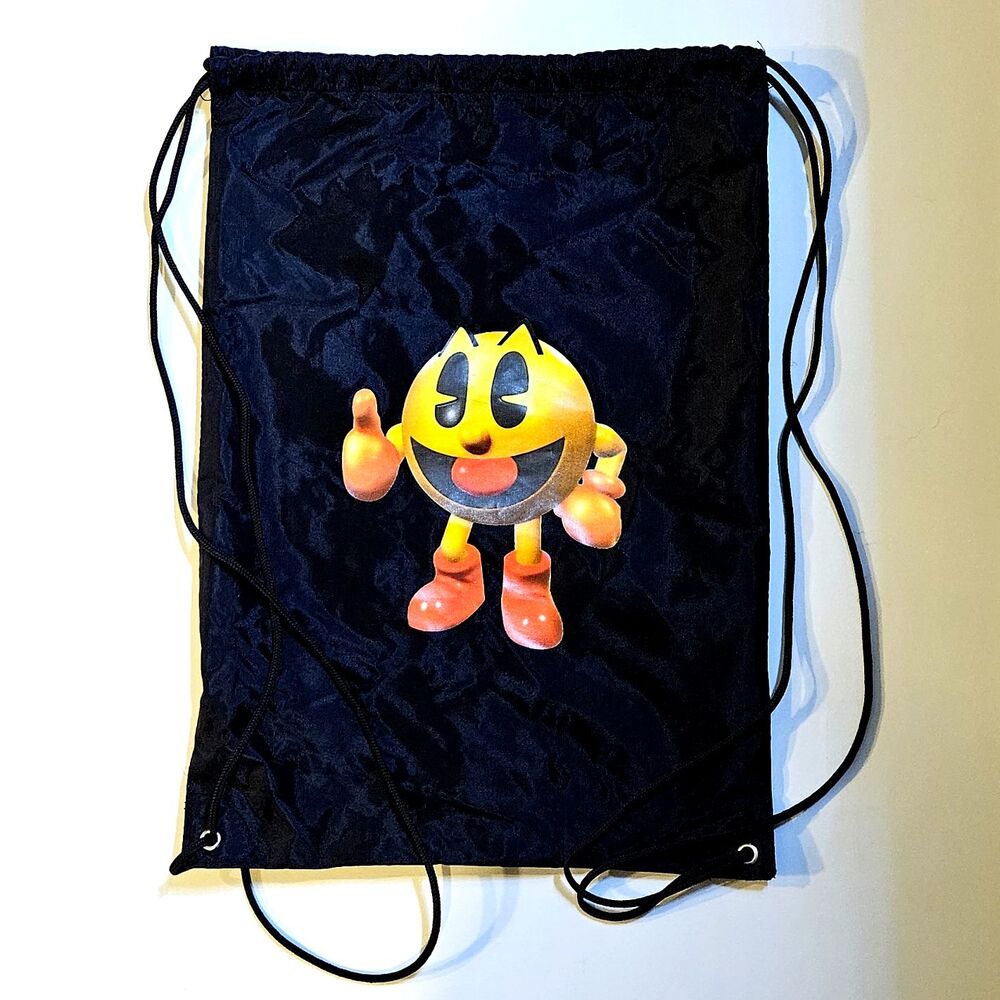 Pac-Man Black Drawstring Laundry Knapsack Bag Promo C. Mid 2000s *RARE* Pacman